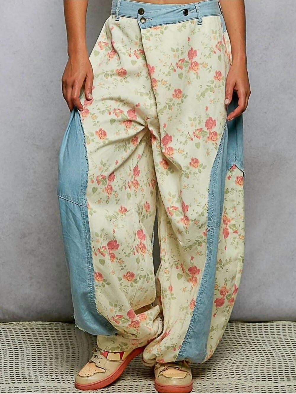 Three Bird Nest Floral Barrel Pants in Cream, Light Blue, Green and Coral